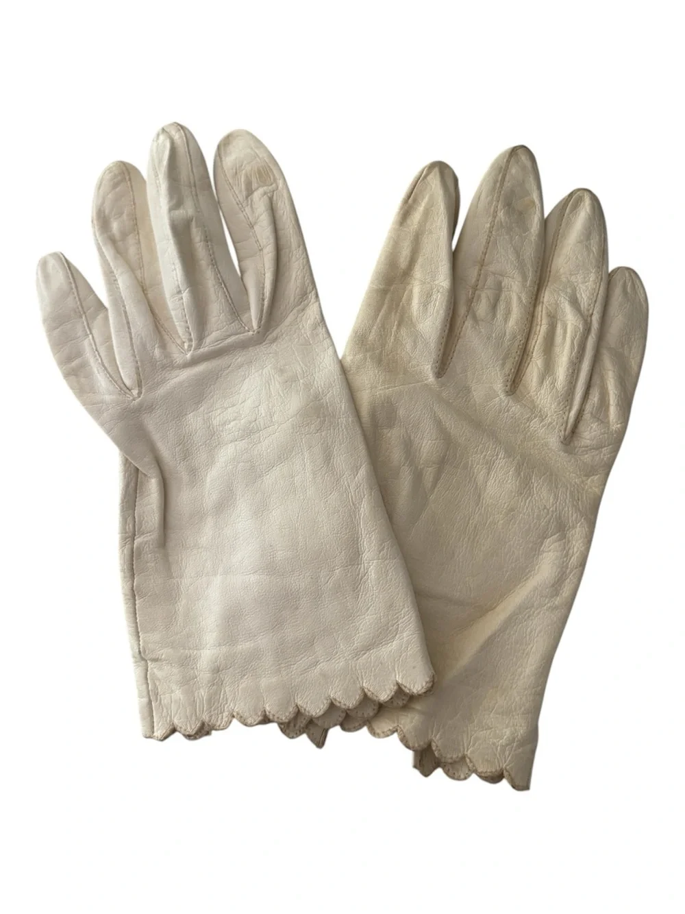 50s MISS ARIS IVORY LEATHER GLOVES W SCALLOPED EDGE SOPHISTICATE MCM VIBE SZ 8
